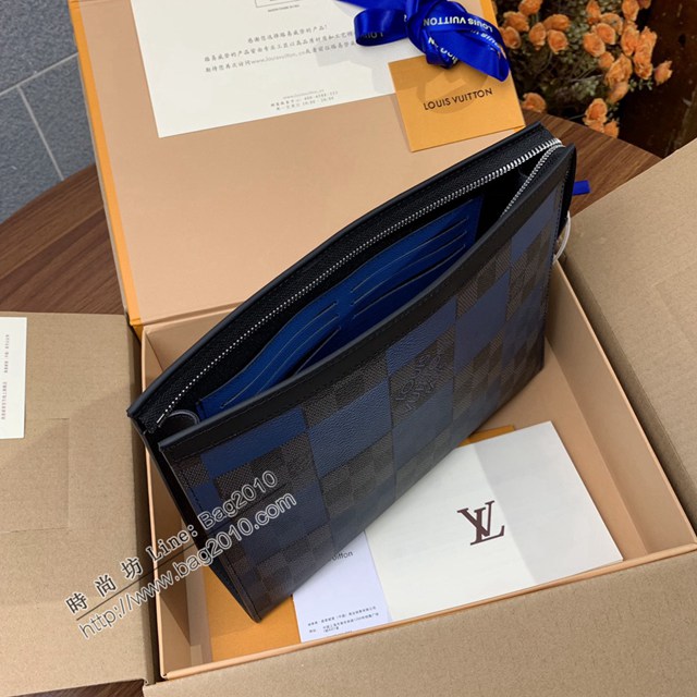 LV專櫃2023新款升級版男士手包 N60412藍格 路易威登Pochette Voyage手拿包 dn1046